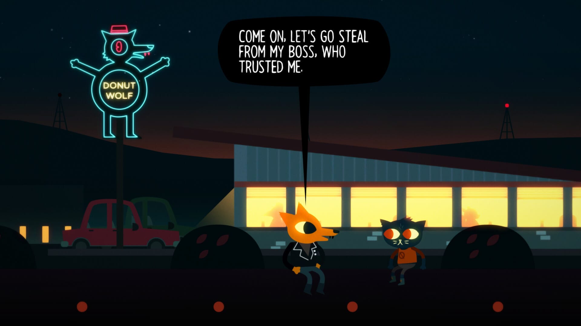 A screenshot from Night In The Woods, featuring Gregg and Mae that talk about committing crimes in front of Gregg's store.