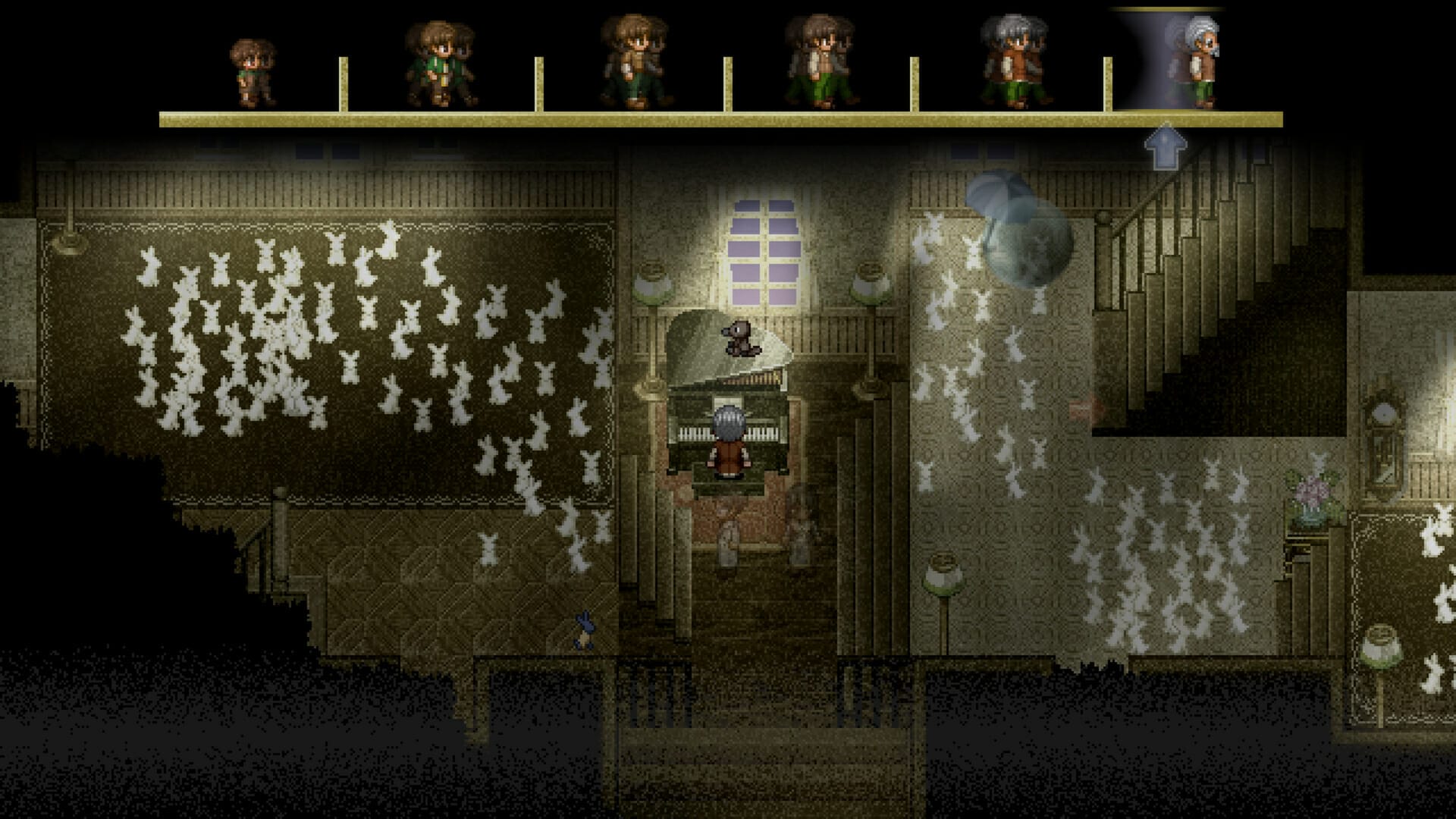 To the moon screenshot: John as an old man playing the piano, a great number of origami bunnies around him