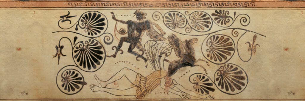 Terracotta lekythos, Pegasus emerging from Medusa's neck.